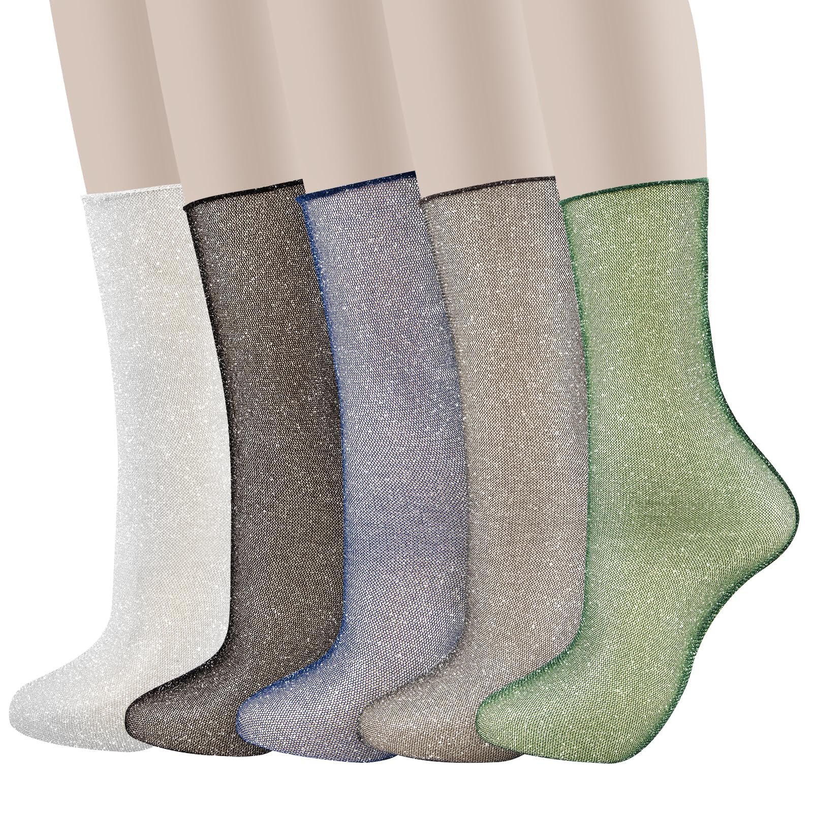 MKYSZLT 5 Pairs Women's Sheer Lace Glitter Slouch Tulle Socks - Sparkly Transparent Mesh Stacked Crew - See Through Loose Metallic Shimmer Ankle for Women Girls, Multicolor, One size