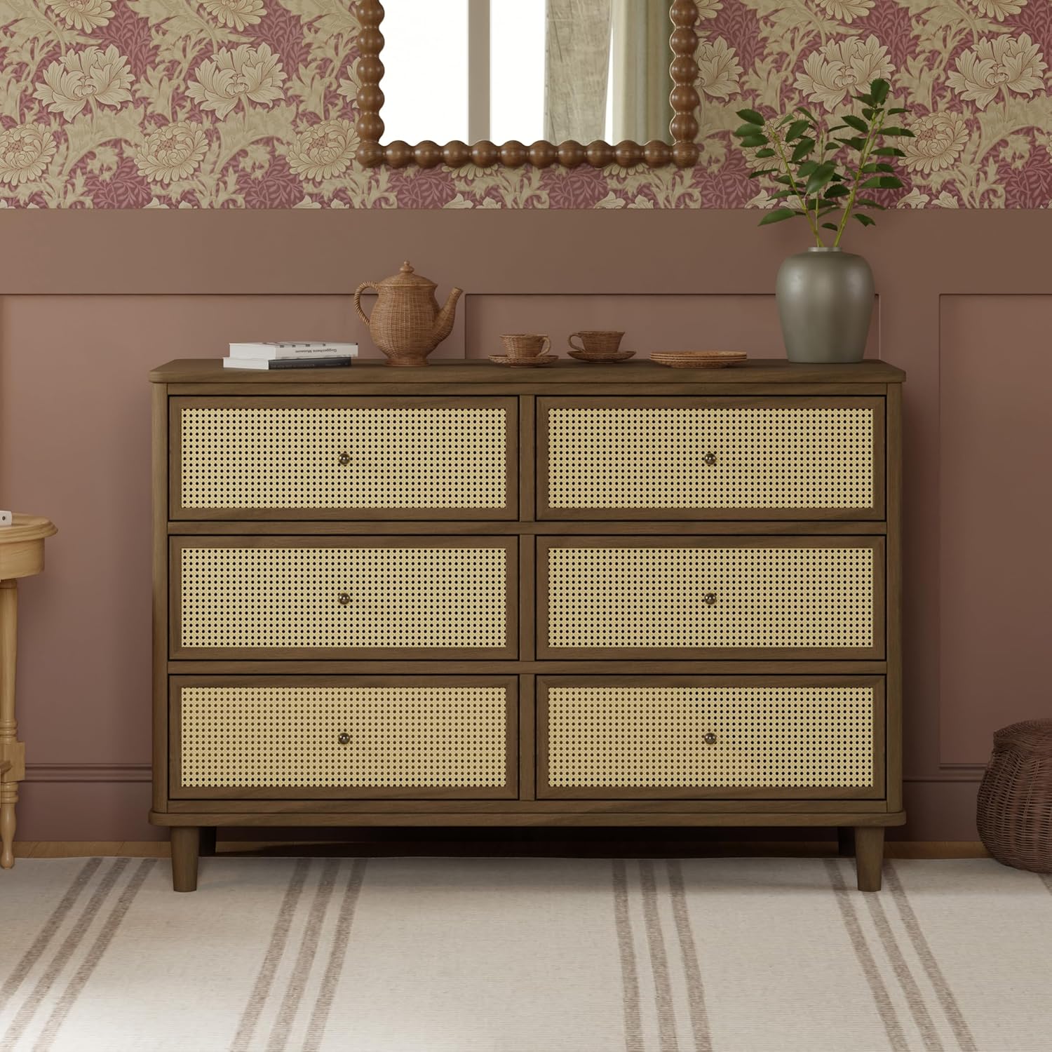 Namesake Marin with Cane 6 Drawer Dresser in Natural Walnut with Blonde Cane