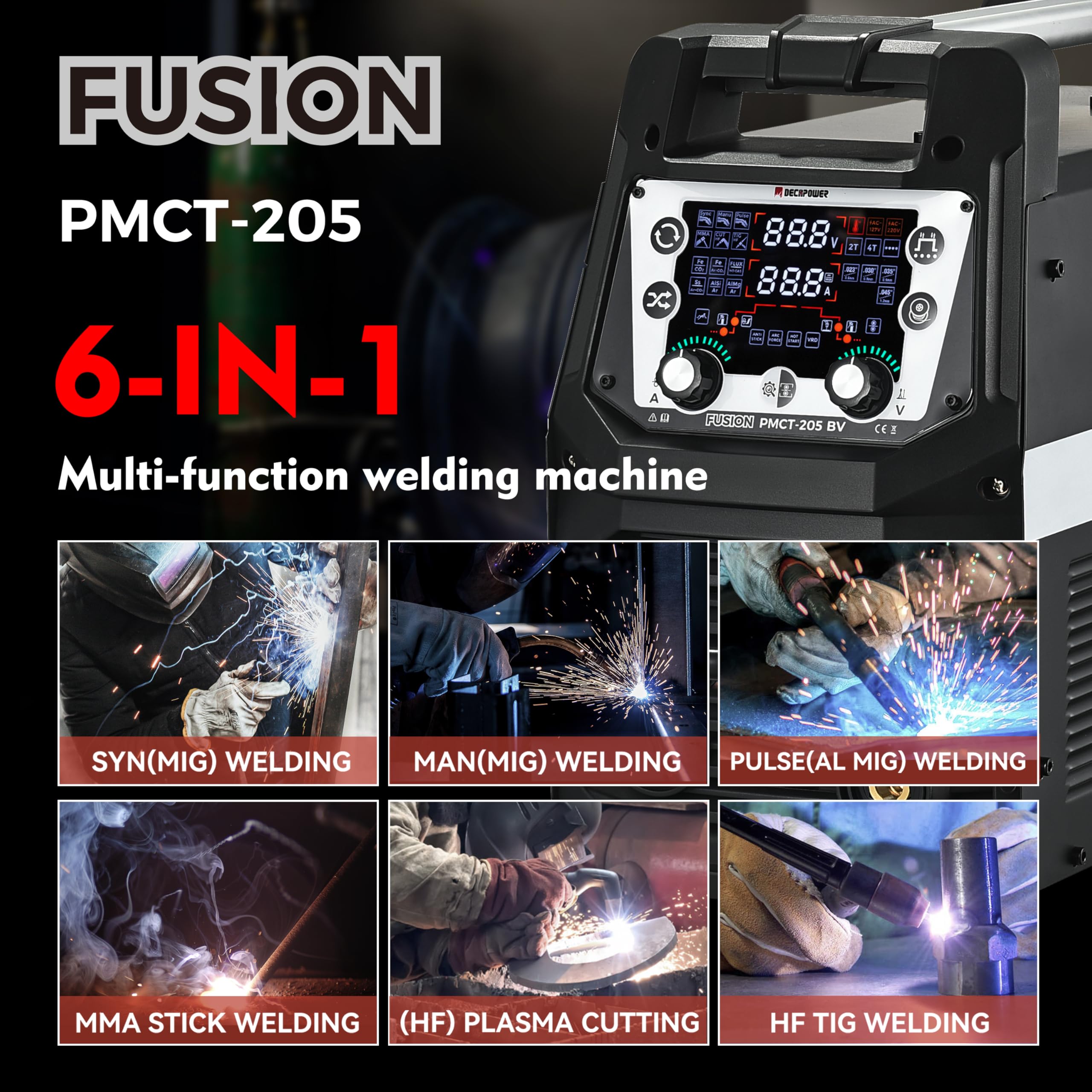 Decapower Multi Procede 200A 6 en 1 Poste a Souder Fil Fourré MIG MAG Pulse MMA HF TIG Decoupeur Plasma avec gaz sans gaz Multifonction soudure machine de découpe soudage (PMCT 205 PACK 3)
