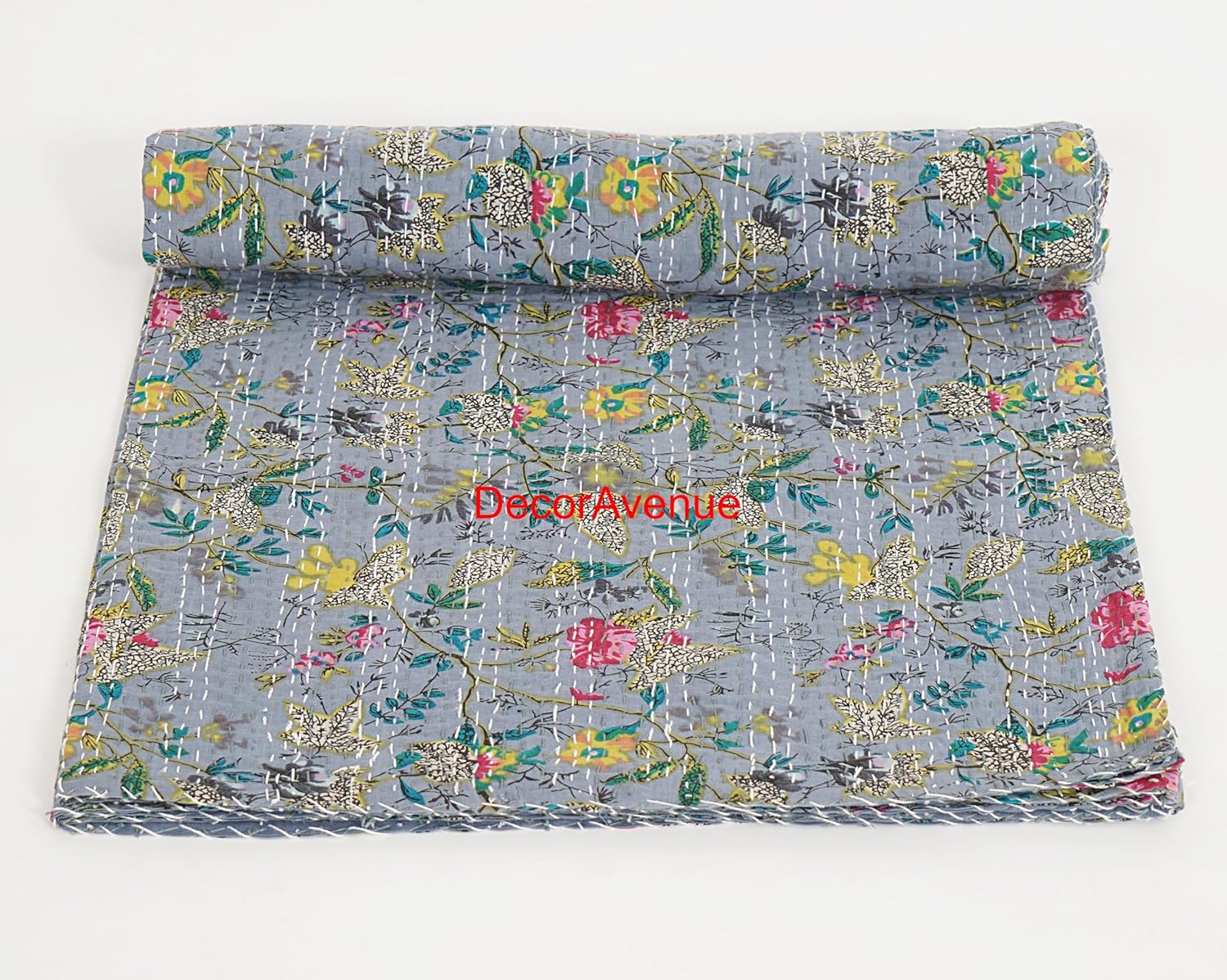 Hand-Stitched Bohemian Kantha Quilt Paradise Print Cotton Bedspread Lightweight Reversible Throw Blanket, Vintage Style Bedding for All Seasons, Color - Gray, Size King 108" x 108" inches