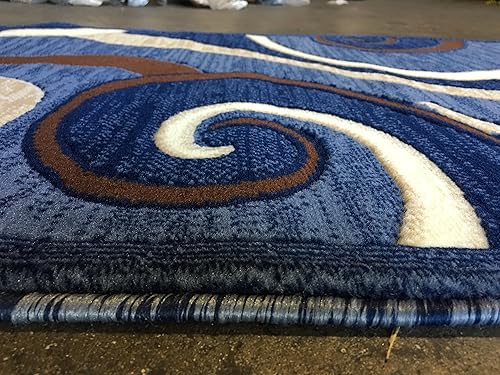 Miniatura 5 de Americana Alfombra moderna de pasillo largo con diseño de remolino azul y marrón, 144 (32 pulgadas x 10 pies)