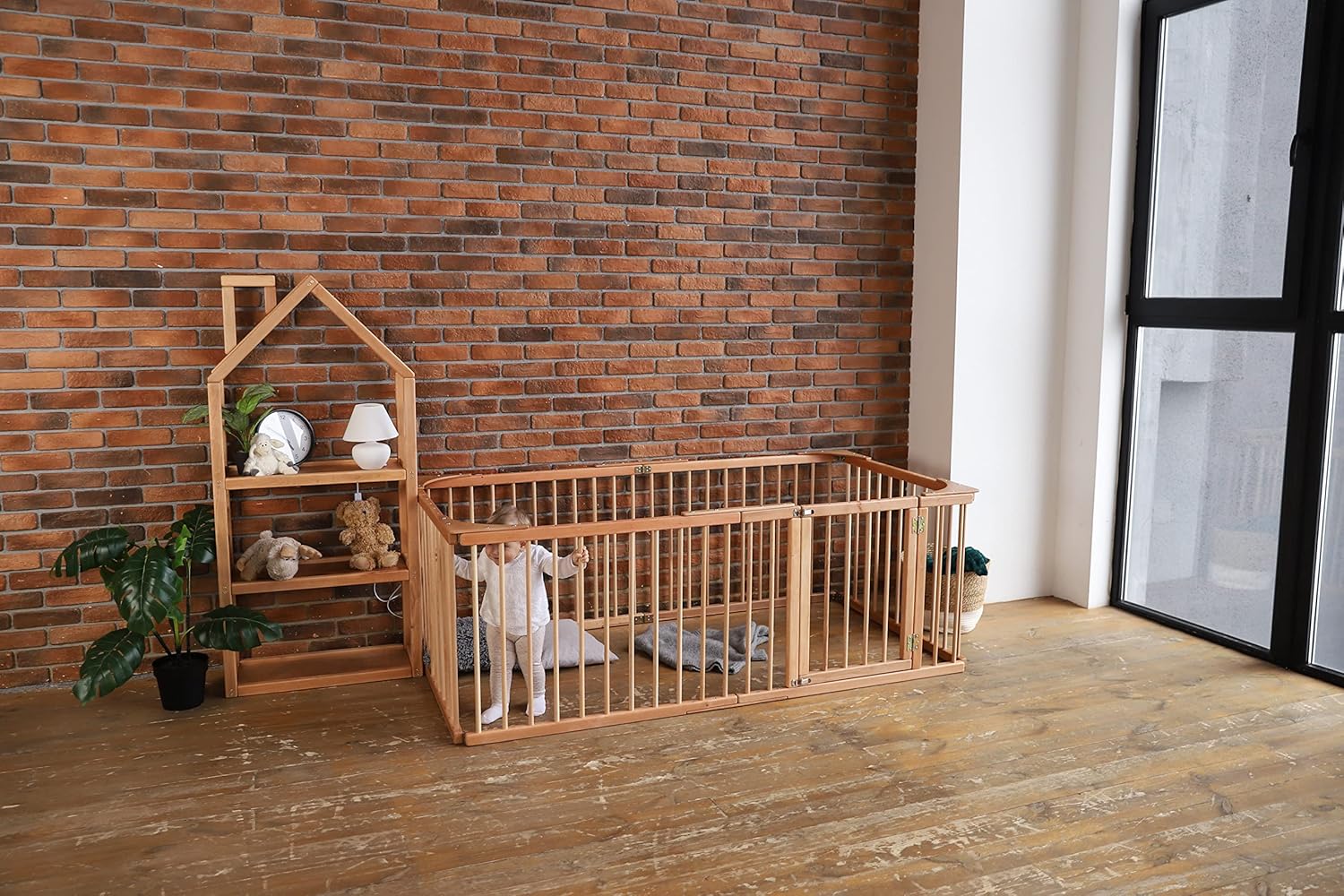 BUSY WOOD Toddler Bed - Transformable Playpen Bed - Full Size Bed Frame - Toddler Floor Bed Play Pen - Platform Bed for Kid - Queen Wooden Play Gym (Model 22)