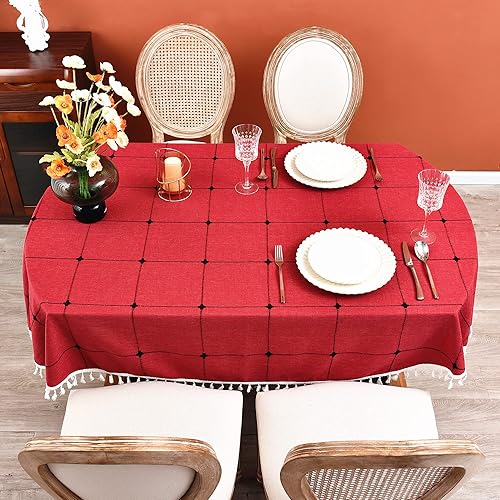 Miniatura 9 de Mantel ovalado rojo a cuadros de lino de algodón pesado a cuadros para comedor y cocina, decoración de mesa, 55 x 78 pulgadas