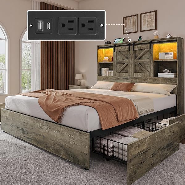 DWVO Corduroy Upholstered Platform Bed Frame with Charging Station and RGB LED Lights, 53Γ’β¬β’Γ’β¬β’ Tall Storage Wingback He