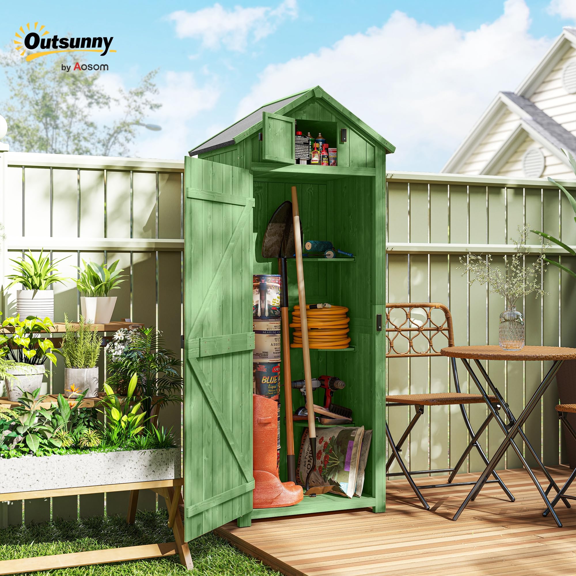 Outsunny Drewniana szafka ogrodowa, szopa na narzędzia z 3 zdejmowanymi półkami, zamykana, drzwi z asfaltowym dachem siodłowym, 77 x 54,2 x 179 cm, podwyższona szafka na narzędzia, domek na narzędzia