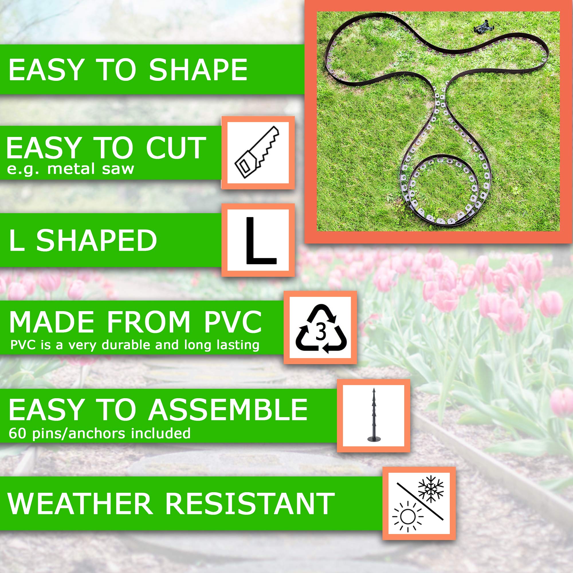 Chrispol System Bordatura Per Prato In Plastica Flessibile, Altezza 4 Cm, Con Picchetti, Colori Nero/verde/marrone, Lunghezze 10/20/50 M