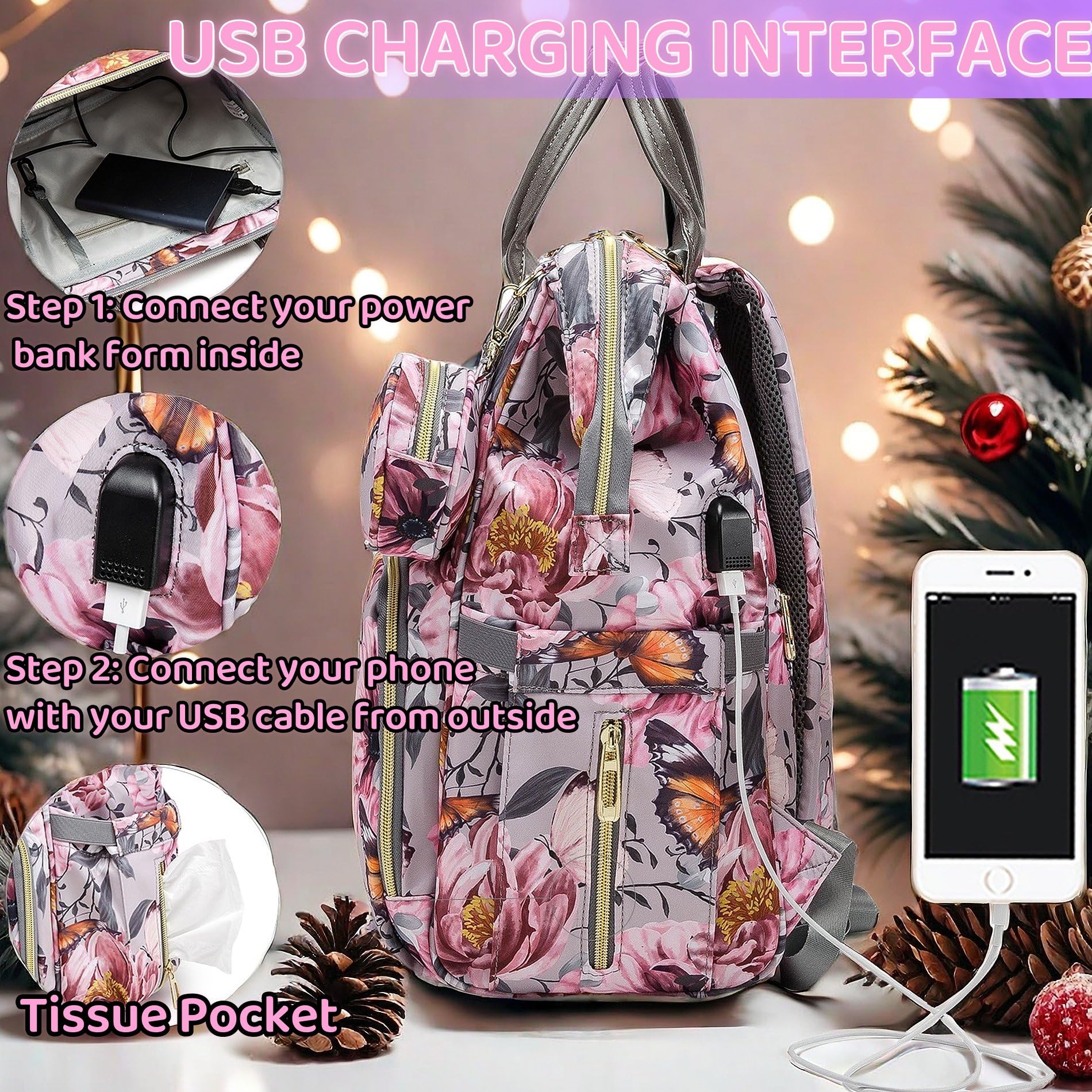 Borsa per pannolini con motivo floreale, con portamonete, porta di ricarica USB, cinghie per passeggino e tasca isolata, zaino da viaggio per donne/mamme (motivo floreale grigio rosa)