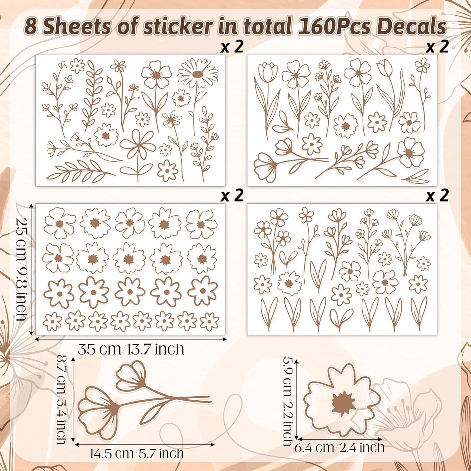 A1diee Wildflower Wall Stickers - 160Pcs Brown Boho Floral Translucent Wall Decals for Kids Adults, Spring Daisy Peel and Stick Neutral Nature Wall Decor for Nursery Bedroom Living Room, 8 Sheets