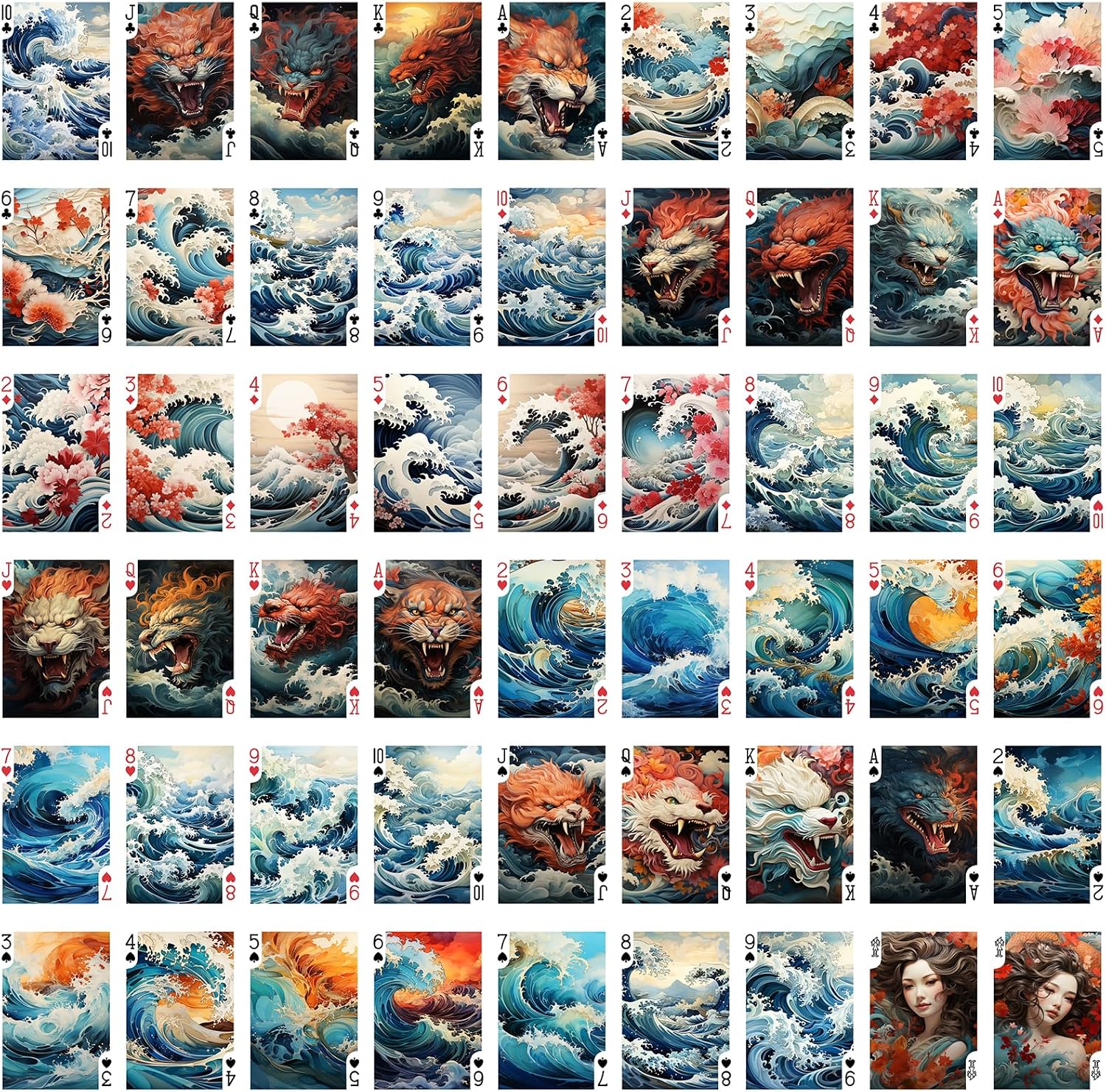Roaring Waves and Majestic Beasts Playing Cards (Poker Deck 54 Cards All Different) Great Wave Japan Sakura and Ancient Demons Vintage Styled Illustration