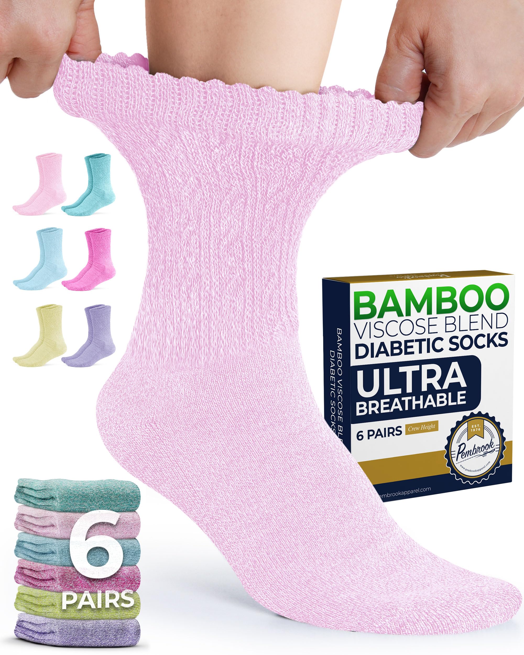 Pembrook® Cable Knit Bamboo Viscose Diabetic Socks for Women - 6 Pairs | Non Binding, Moisture-Wicking, Breathable, Stretchy, Secure Fit, Soft Cushioning, Smooth Toe Seams, Stay-Up Fit Large Pastel Pink/Mint Green/Fuchsia/Lilac/Yellow/Pastel Blue - 6 Pairs