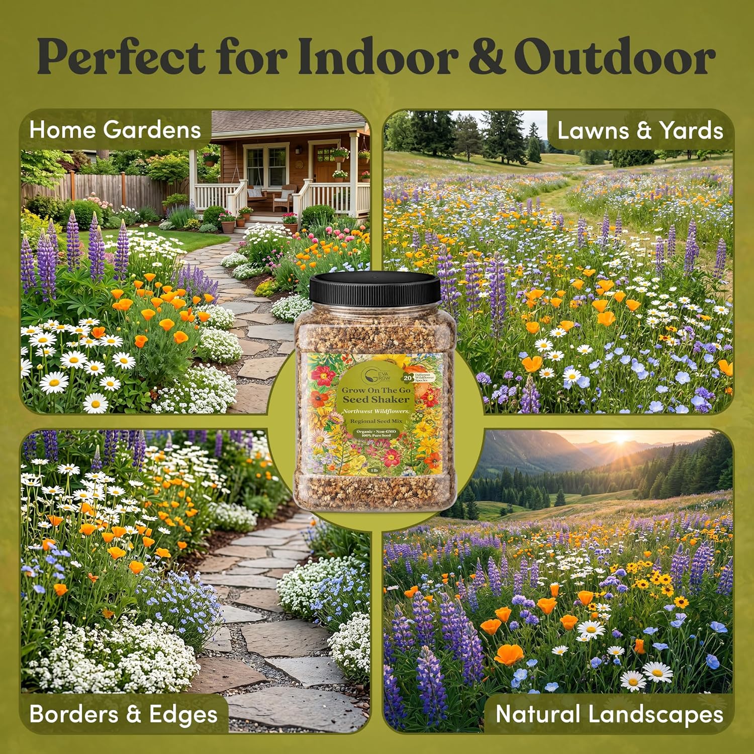 Geva Grow Northwest Wildflower Seeds Regional Mix - Organic, Non-GMO - 100% Pure Seed - 20 Different Wildflowers Seeds of Annual and Perennial, 1 LB Tub