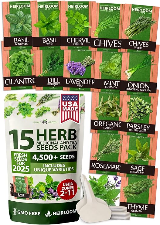 HOME GROWN 𝗨𝗦𝗔 𝗣𝗥𝗘𝗠𝗜𝗨𝗠 15 Herb Seeds 4,500+ Heirloom 𝗡𝗢𝗡-𝗚𝗠𝗢 High Germination Rate, 𝗣𝗢𝗣𝗨𝗟𝗔𝗥 𝗖𝗛𝗢𝗜𝗖𝗘 for Planting Indoor Hydroponic Outdoor, Gardening Gifts for Women Men