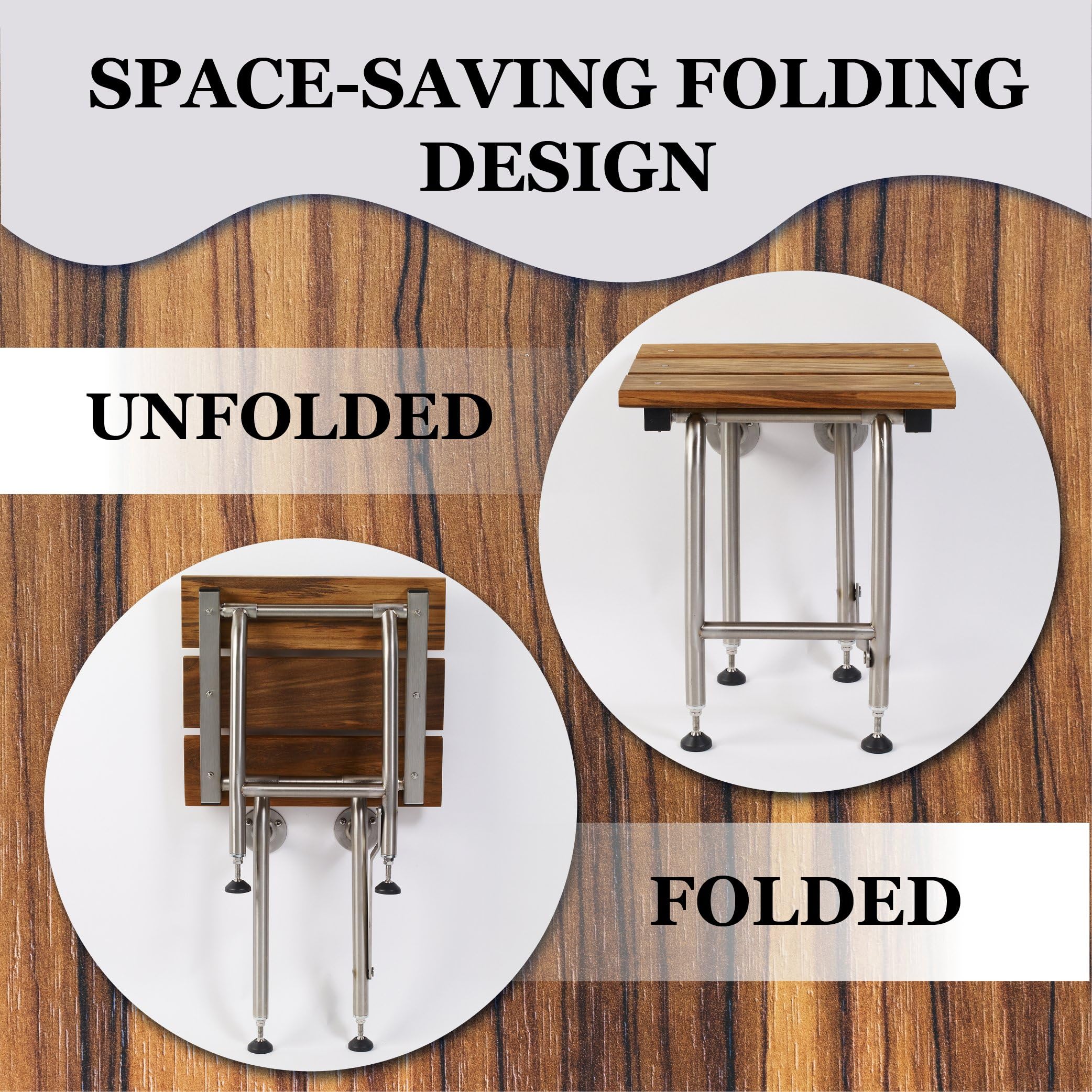Teak Shower Bench with Legs | Folding Shower Chair for Elderly and Disabled, ADA Folding Shower Seat Wall Mounted Holds Upto 400lbs | 304 Stainless Steel Teak Shower Stool | 18