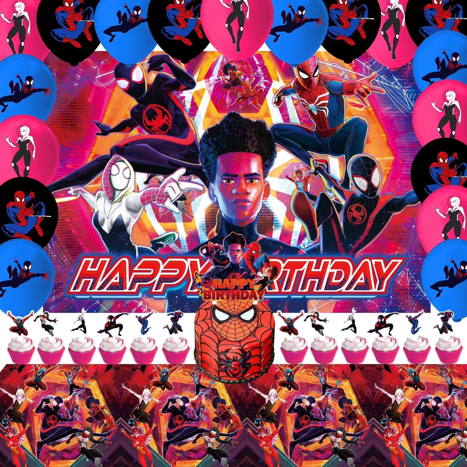 ERWYN23Pcs Miles Morales Spiderman Backdrop Happy Birthday