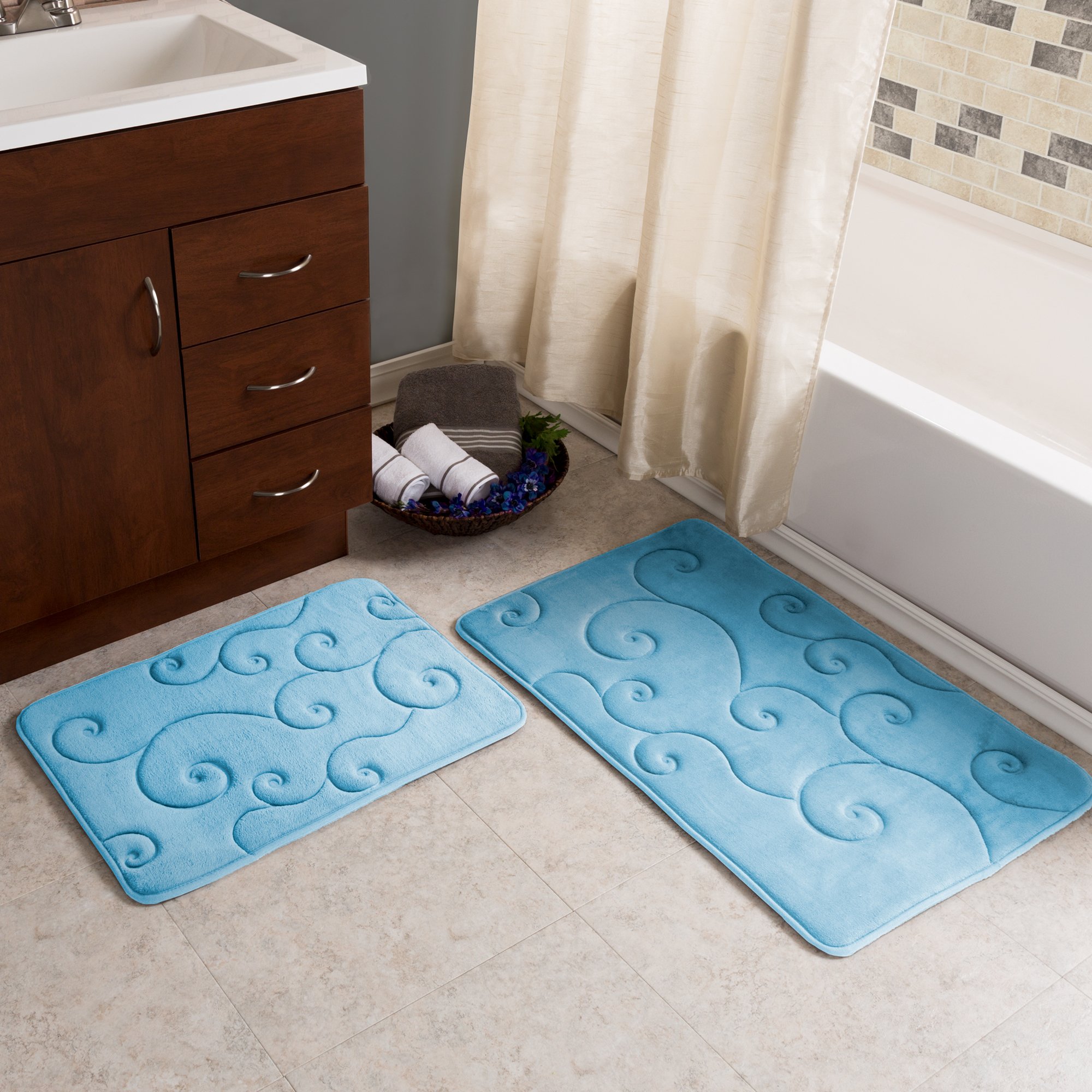 Photo 1 of 2 pc Memory Foam Bath Mat Set by Bedford Home -Coral Fleece Embossed Pattern – Blue