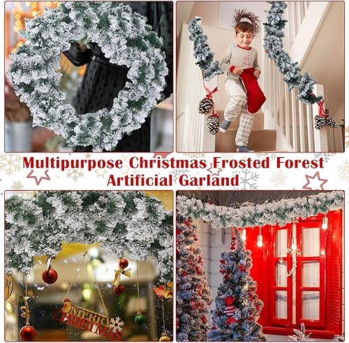 Miniatura 5 de Hotop 2 guirnaldas de Navidad de 9 pies con decoraciones de nieve, guirnalda larga de pino artificial nevado, guirnalda de imitación blanca