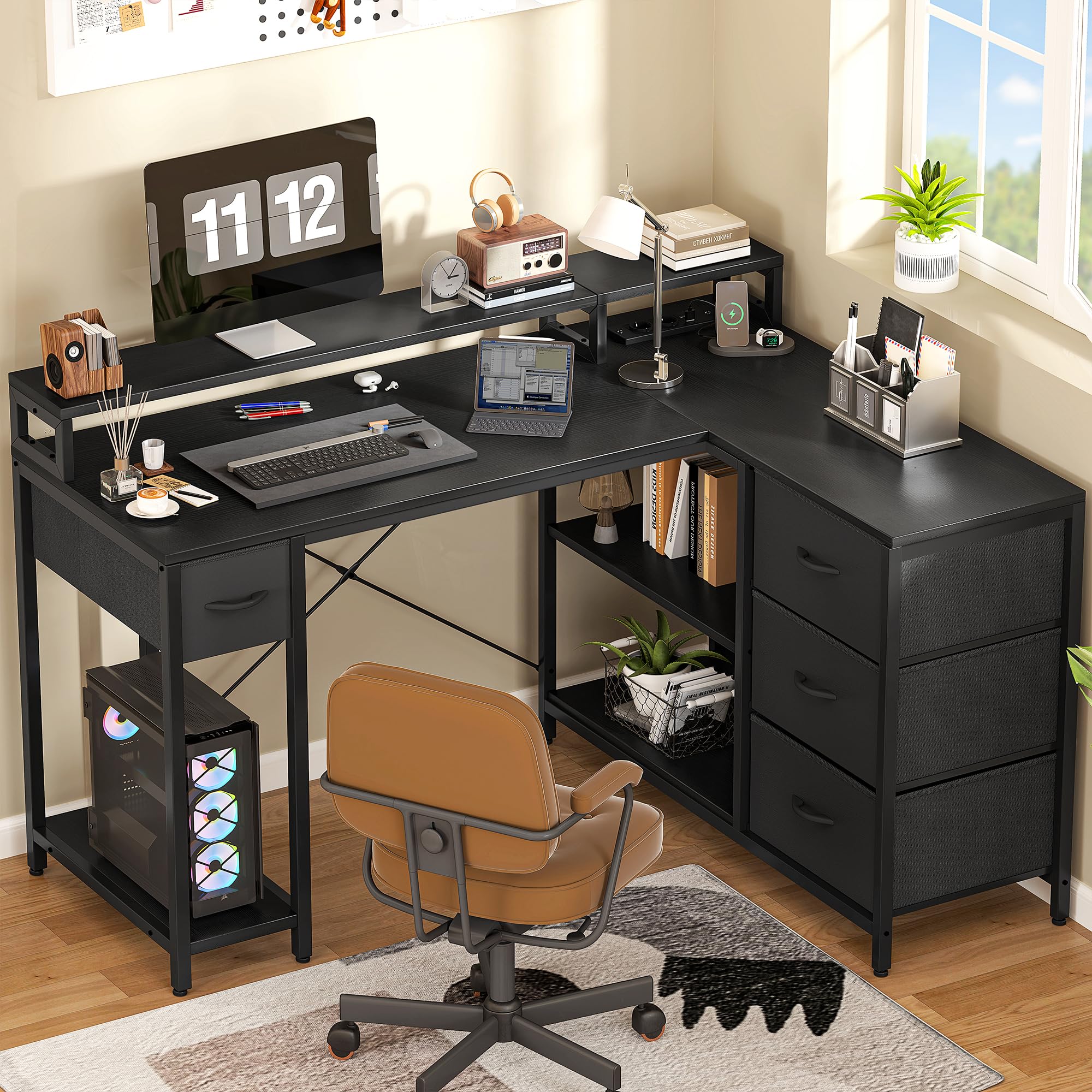 YITAHOME L Form Bureau avec Prise USB 4 Tiroirs Réversible 140x100cm Noir
