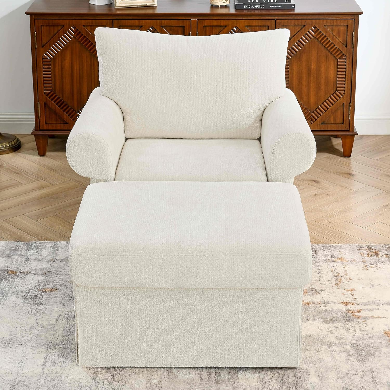 Living Room Chairs with Ottoman Small Accent Chair for Bedroom Single Sofa Couch with Chenille Fabric for Apartment and Small Places (Beige)