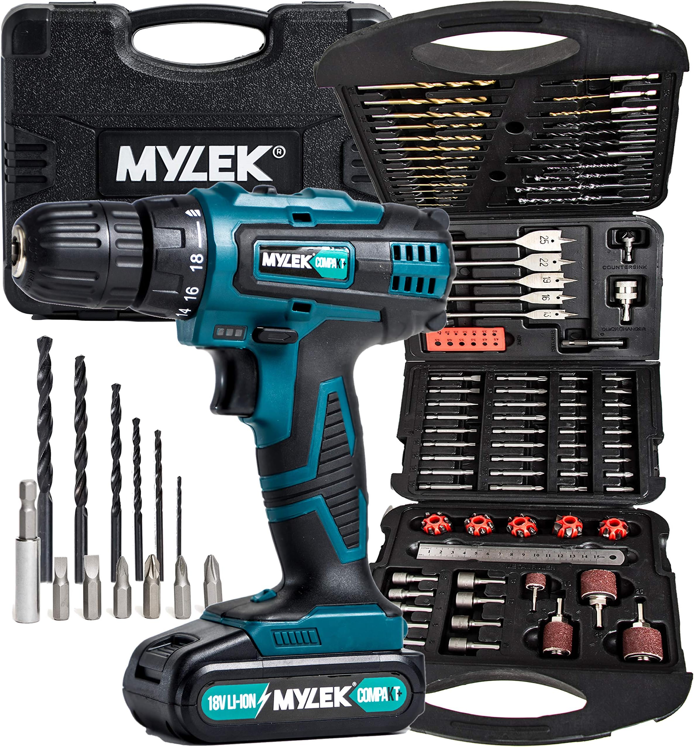 MYLEK 18V Cordless Drill Driver Electric (131 Piece Drill Set & 1 Battery, Blue)