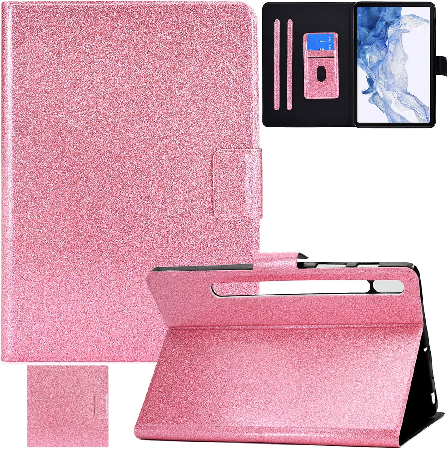 REASUN Slim Case for Samsung Galaxy Tab S8 2022/Tab S7 2020 11 inch (Model SM-X700/X706/T870/T875/T878) with Built-in Card Slots Holder, Soft TPU Stand Cover Auto Wake/Sleep Feature, Pink