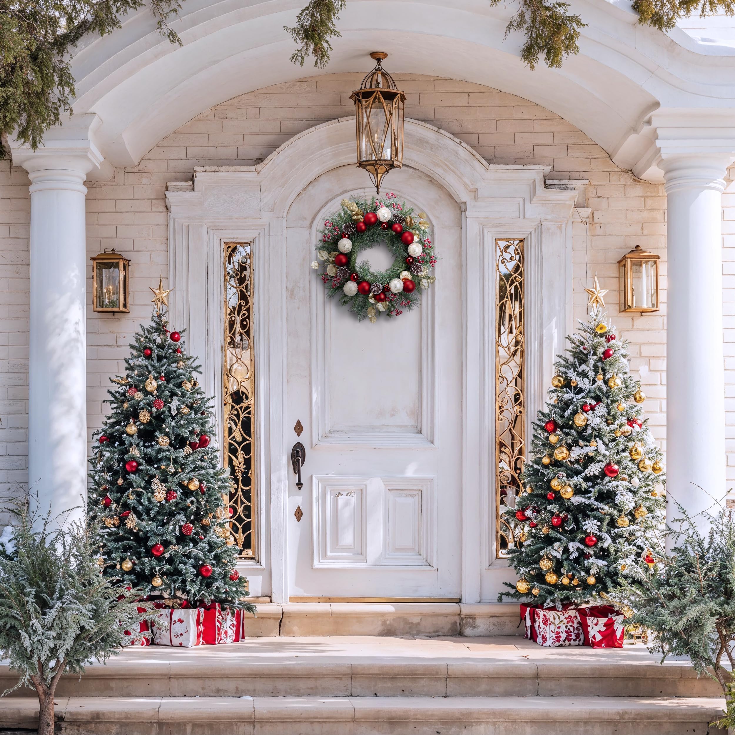 Valery Madelyn Ghirlanda natalizia pre-illuminata per porta d'ingresso con luci, 50 cm, grande ghirlanda di Chritsmas con bacche di pino rosse palline di Natale per camino, finestra, tavolo esterno