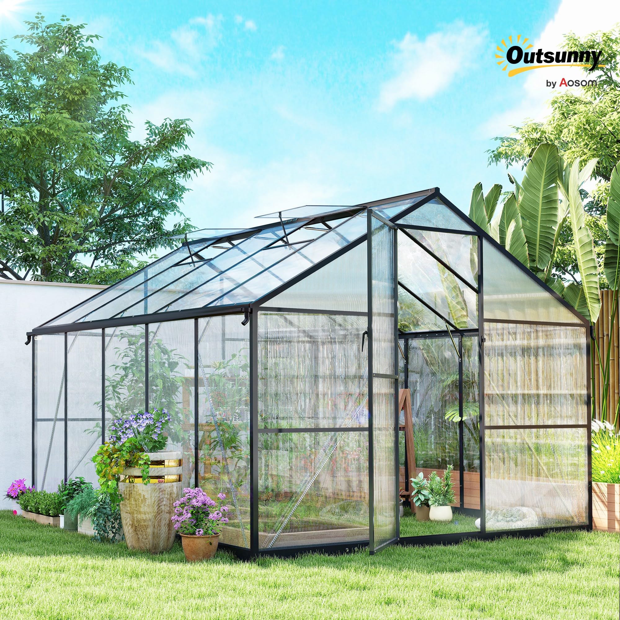 Outsunny Serra da Giardino Policarbonato con Grondaie 304x247x205cm Nero | 7.5㎡, Telaio in Lega di Alluminio, Serra per Orto, 2 Finestre a Tetto Regolabili, Porta a Battente, Anti UV, per Piante