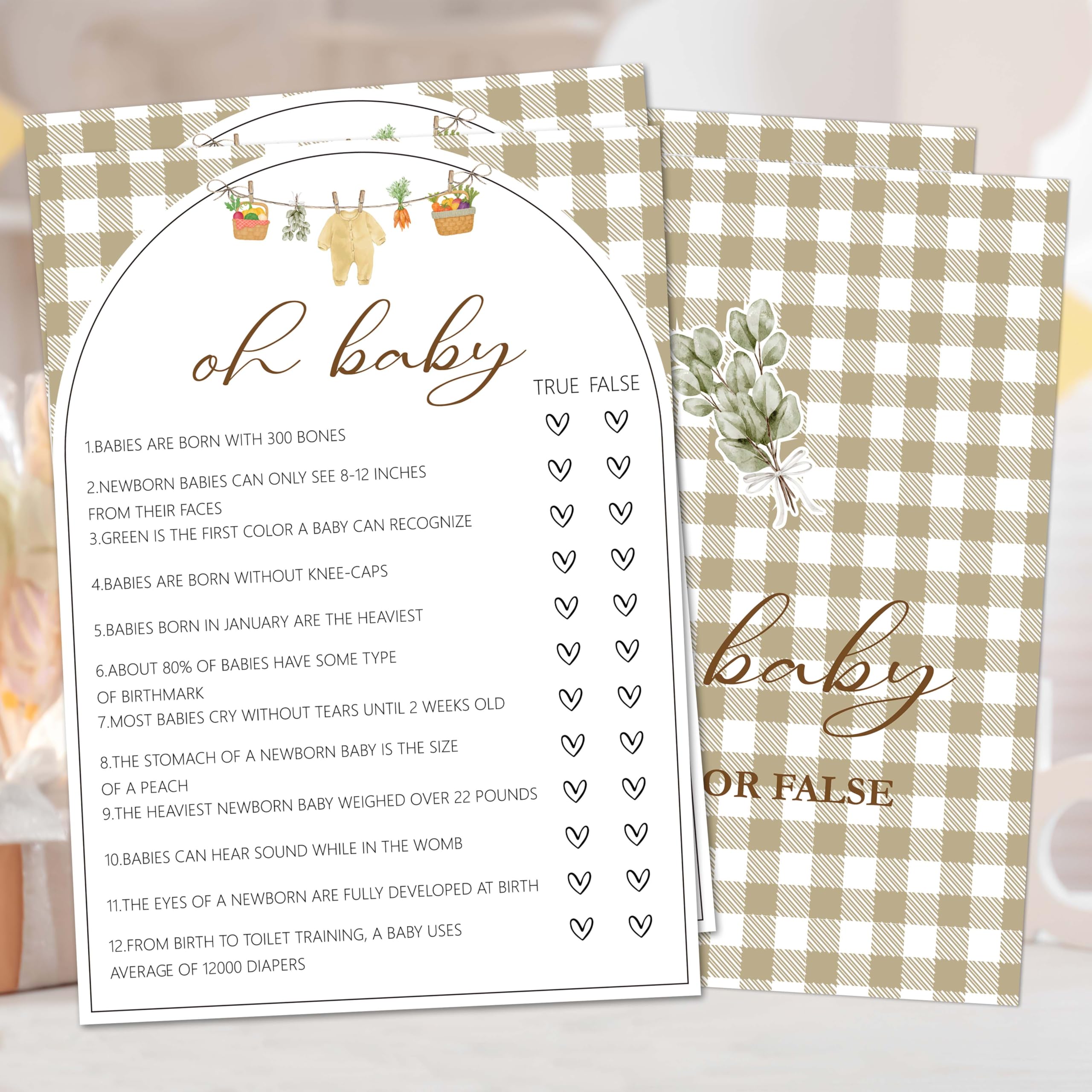 Locally Grown Baby Shower Games, Oh Baby True or False Activity Cards for Party Decorations Favors, Farmer's Market Gender Reveal Party Game for 25 Guests - A06