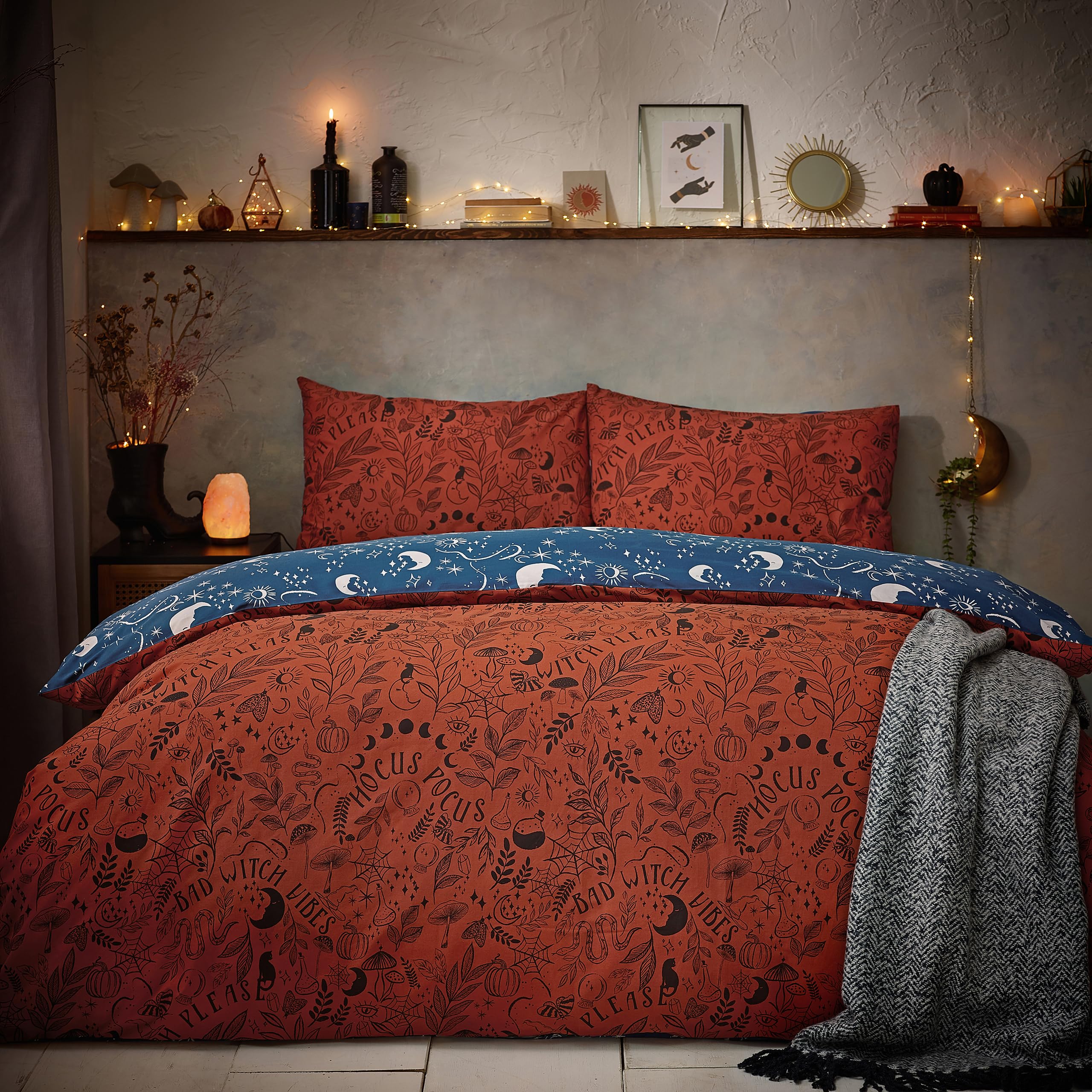Furn Witchy Vibes Duvet Cover Set - Reversible Halloween Design Soft Cotton Blend with Celestial Reverse (Orange - Double) - Image 4