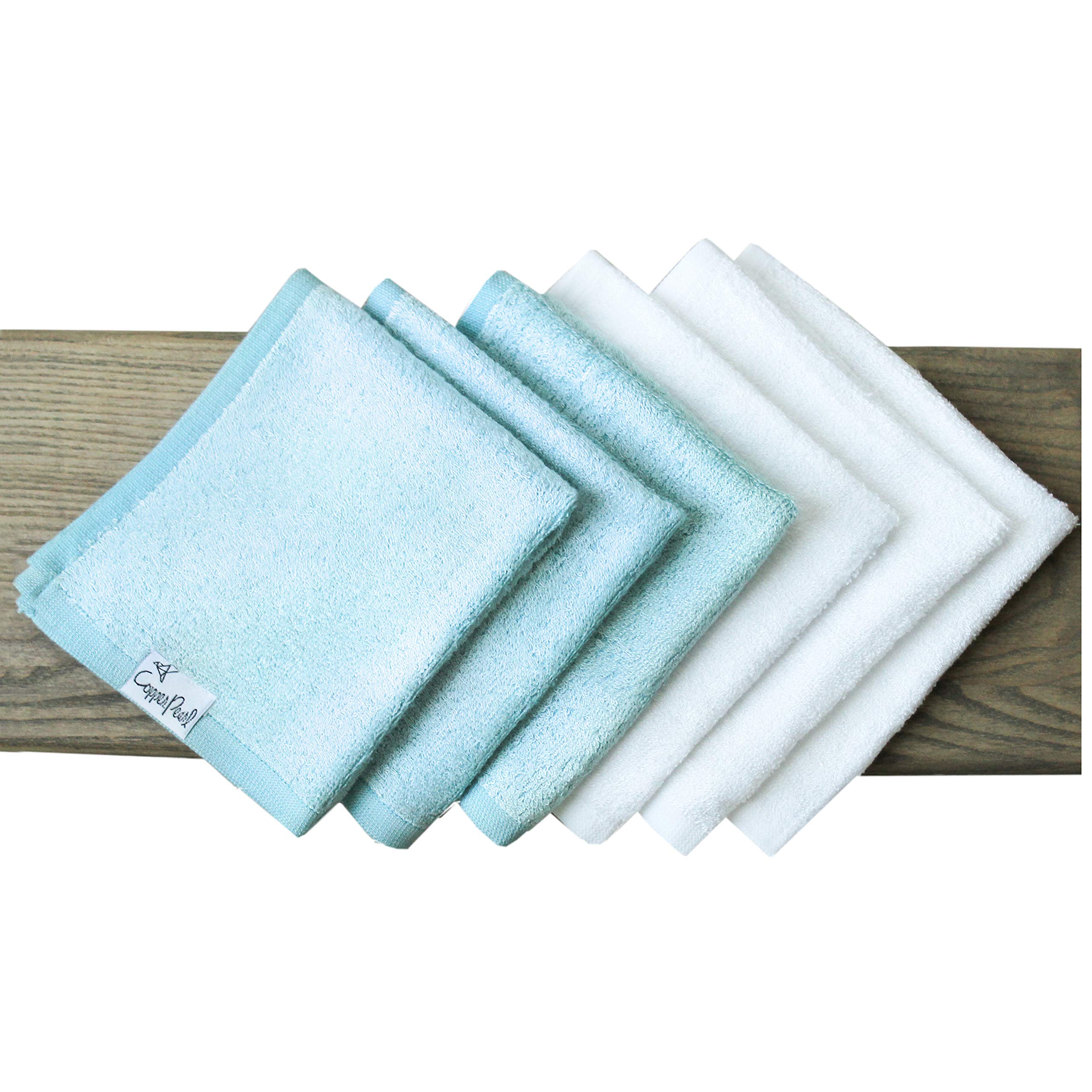 Copper Pearl 6 Baby Bath salviette Premium Large morbido bianco e blu 11 x 11 pollici Rayon da bambù Fibre asciugamani in