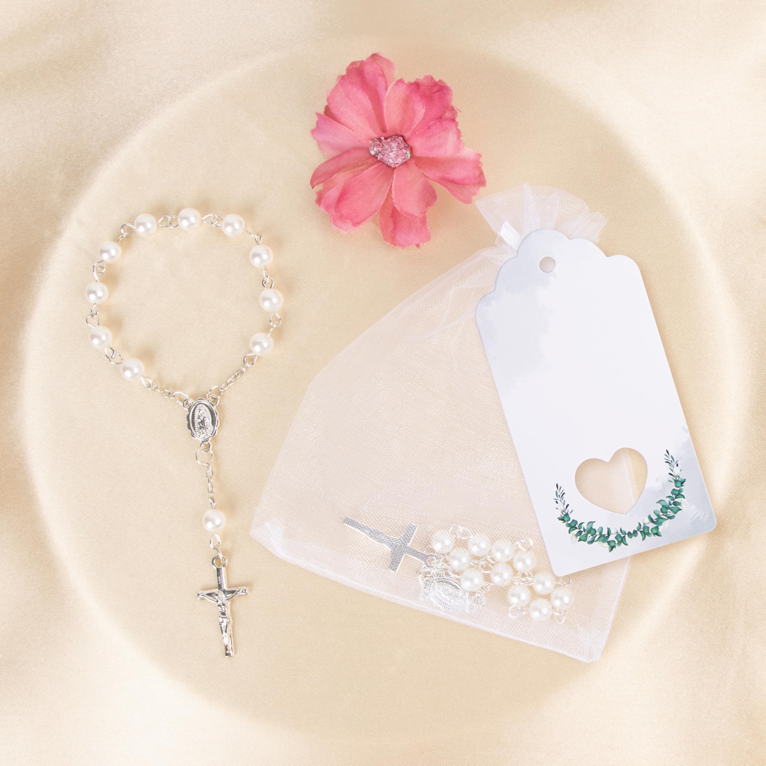 Foshird Lot de 15 chapelets catholiques avec Pendentif en Forme de Croix, étiquettes Cadeaux, Sacs en Organza, Porte-Bonheur, Bracelets, Cadeaux d'invités pour baptême, Communion, Confirmation