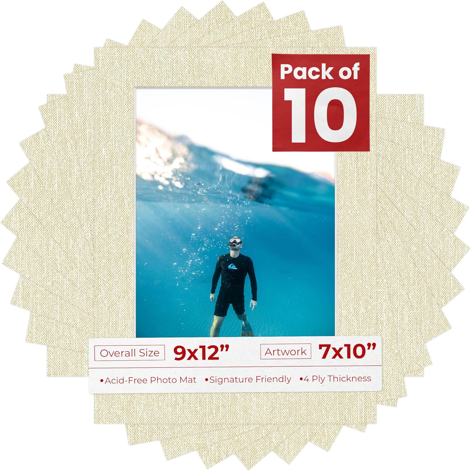 Poster Palooza Pack of TEN 9x12 Mats Bevel Cut for 7x10 Photos - Acid Free Fresh Linen Canvas Precut Matboards For Pictures, Photos, Framing - 4-ply Thickness