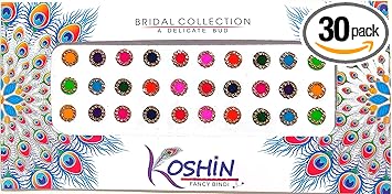 KOSHIN Multi Color Golden Rhinestone Round Shape Size (Per Bindi Height 8 mm x Width 8 mm) Forehead Fancy Stone Bindi For Girls Women Ladies
