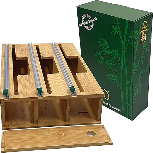 Miniatura 9 de HELIA Organizador de papel de cocina de bambú | Dispensador de papel de bambú sólido y plástico para montaje en pared con cortadores deslizantes |