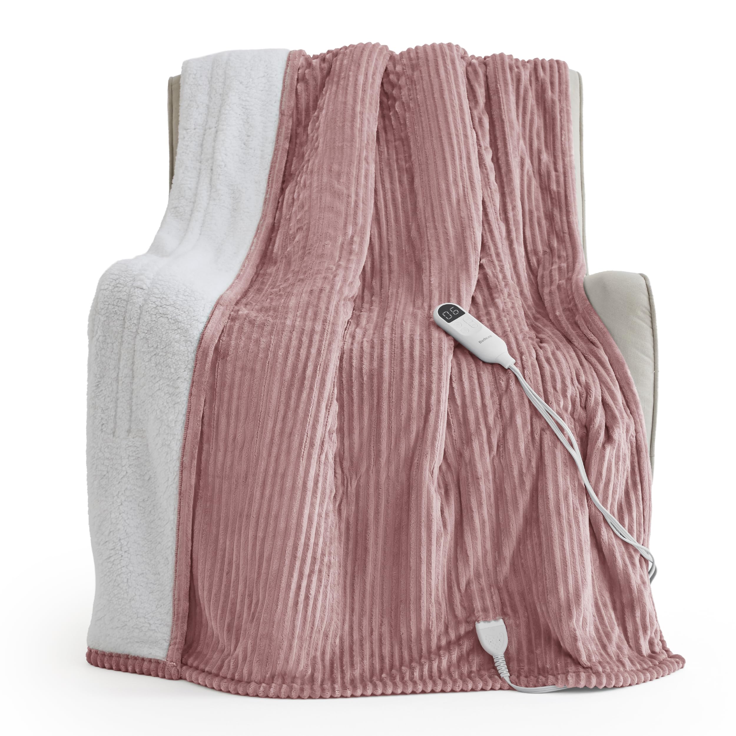 Bedsure Ribbed Heated Blanket Throw XL, Pink Electric Blanket, Preheat