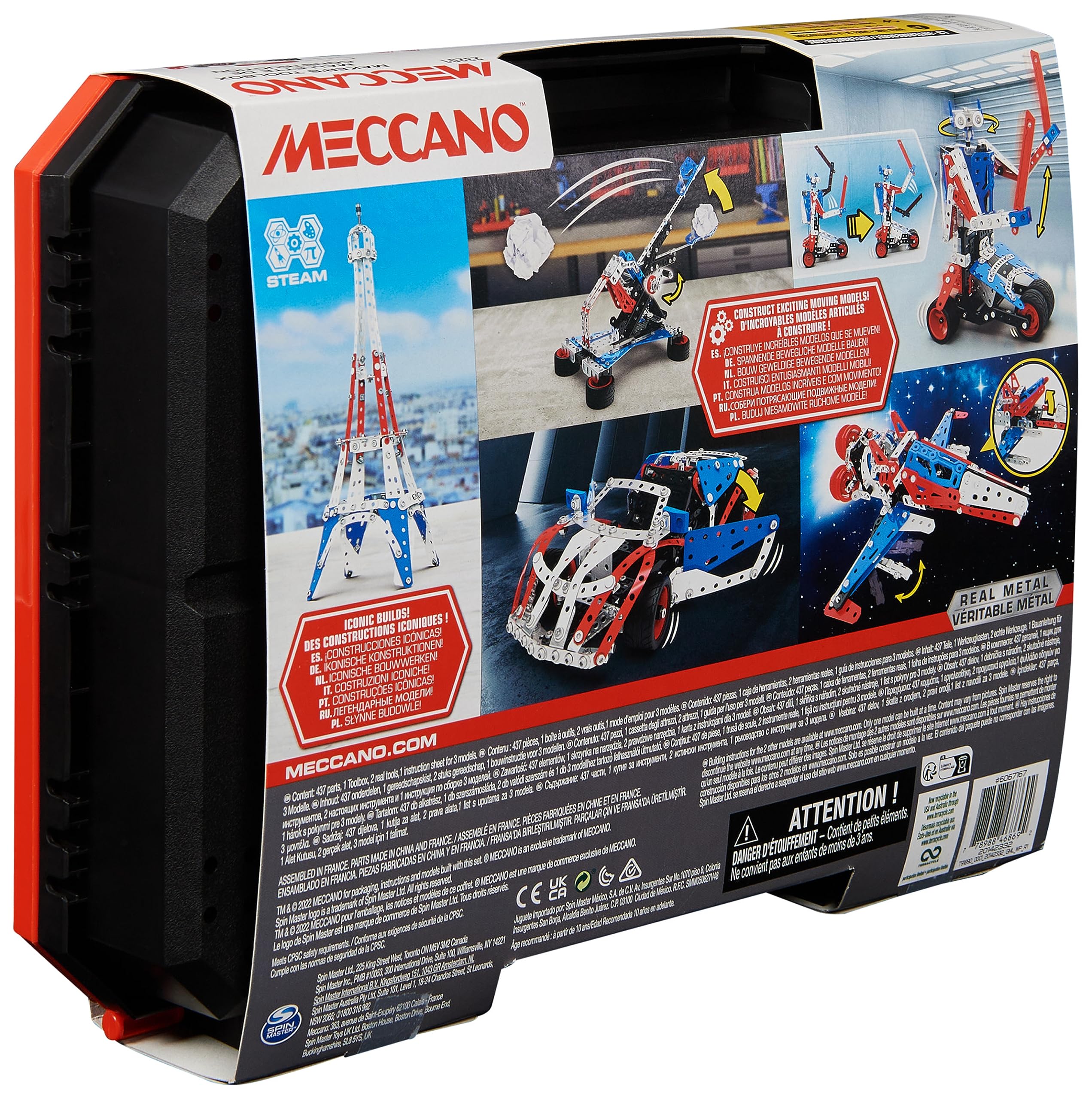 MECCANO - MALLETTE DA COSTRUZIONE 5 MODELLI - 5 Modelli iconici nei colori della Francia da costruire - Valigetta portaoggetti - Gioco costruzione Meccano con 2 attrezzi - Giocattolo per bambini da 10