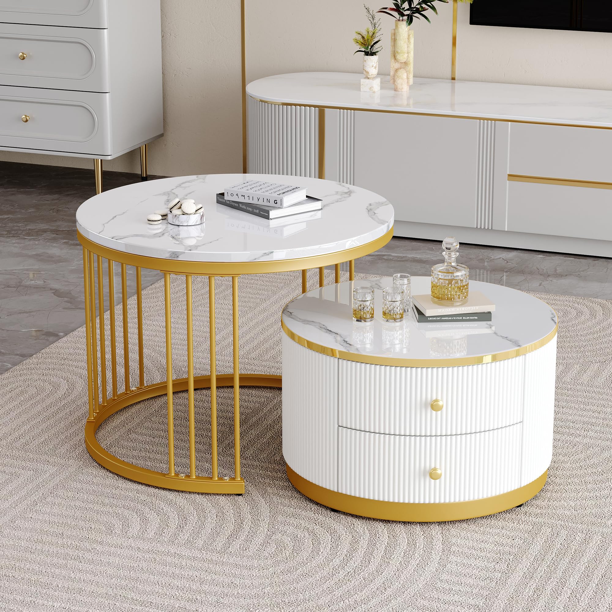 BTM Elegantes 2-teiliges, weißes Couchtisch-Set in Nestform, 60*60*45.5cm & 50*50*32cm, runde Tische mit hochglänzender Marmoroptik, 2 Schubladen, bis 30kg belastbar,Nesting-Kombination Couchtisch