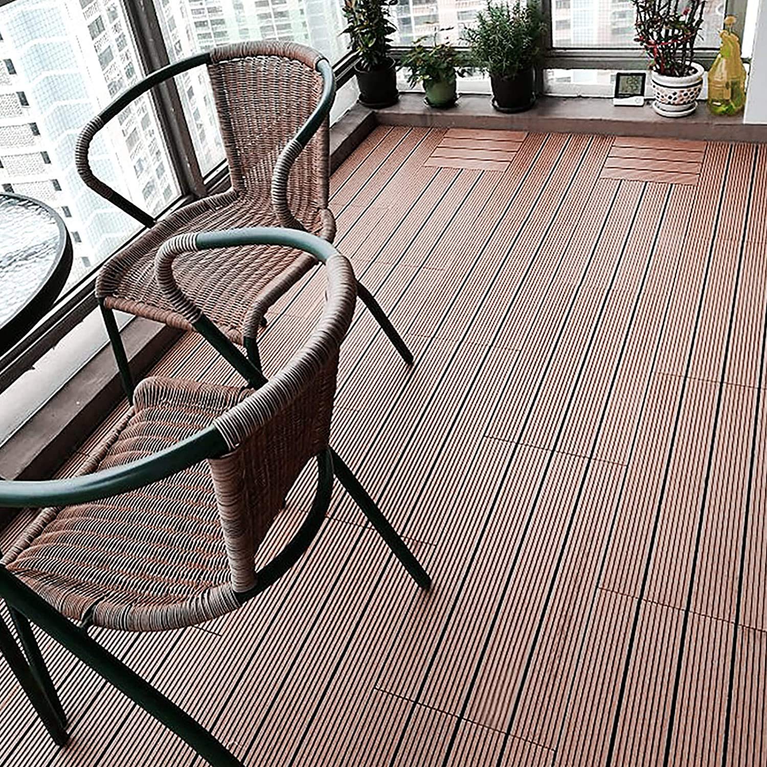 UISEBRT 6 sztuk płytek balkonowych, WPC (PC), płytki tarasowe, wygląd drewna, płytki balkonowe, system klik, do ogrodu, na balkon, taras (30 x 60 cm, brązowe)