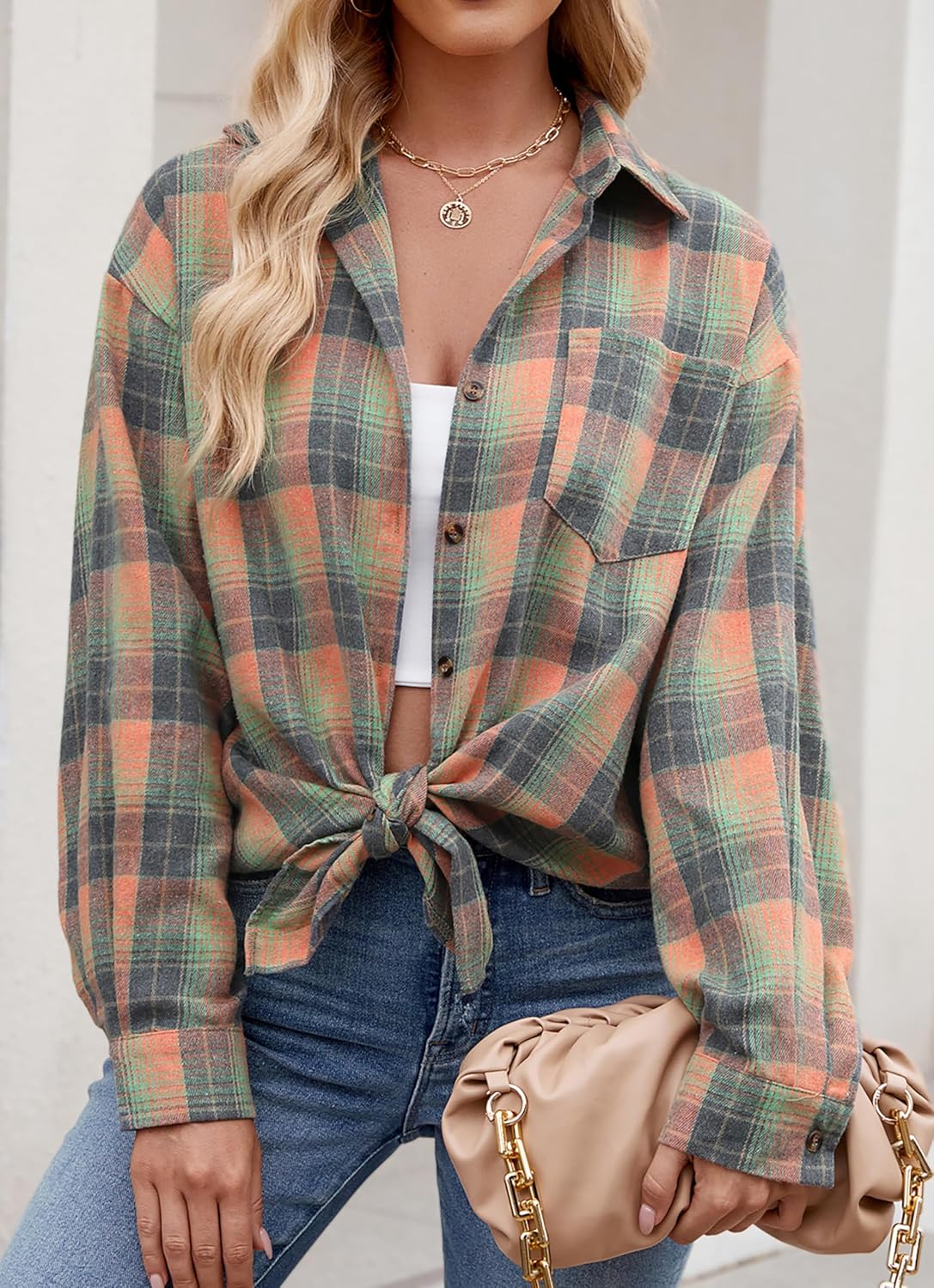 Oyamiki Womens Casual Cuffed Long Sleeve Boyfriend Button Down Plaid Flannel Shirt Tops - Image 5