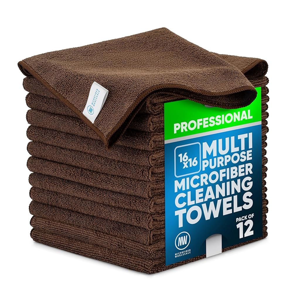 MW Pro Microfiber Cleaning Cloth | Brown | 12 Pack | 16 x 16 | Coffee, Barista, Espresso Towels - Clean, Dust, Polish, Scrub, Absorbent