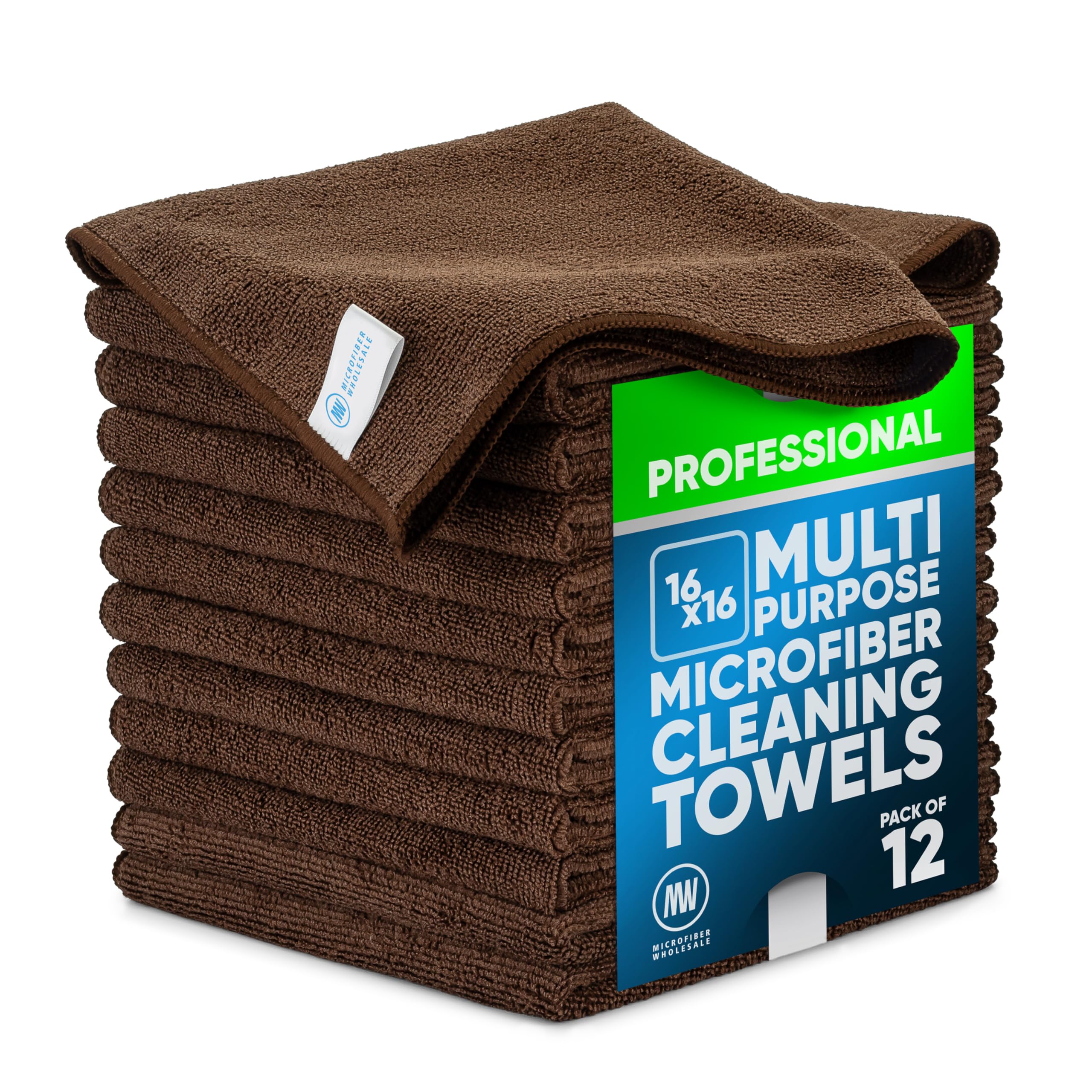 MW Pro Microfiber Cleaning Cloth | Brown | 12 Pack | 16” x 16” | Coffee, Barista, Espresso Towels - Clean, Dust, Polish, Scrub, Absorbent