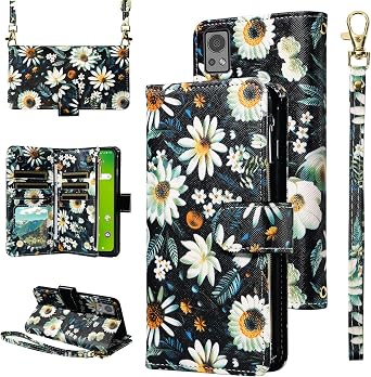 Wallet Case for Cricket Icon 5 SL112C/AT&T Motivate 4 SL112A with Wrist Strap Crossbody Shoulder Strap Flower Leather Zipper Purse Card Holder Stand Phone Cover Icon5/ATT Motivate4 Girls Black