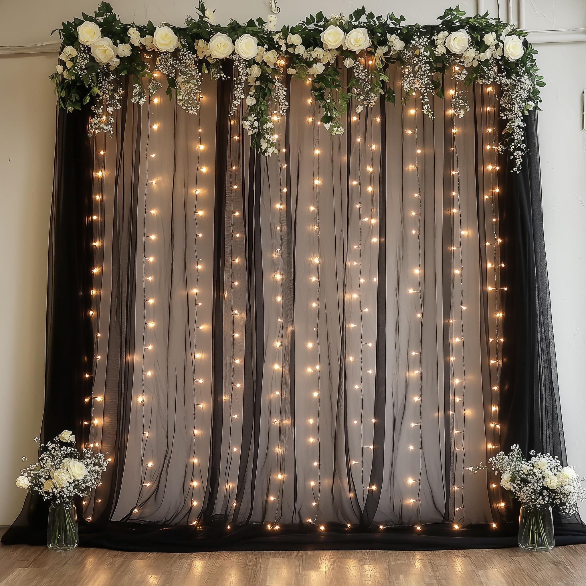 Fomcet Black Tulle Backdrop Curtains with Lights String 10FT X 8FT Sheer Curtain with Lights Tulle Curtains Backdrop for Wedding Birthday Party Baby