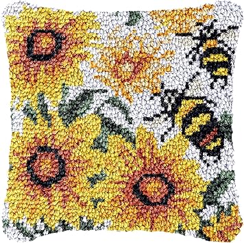 LAPATAIN Latch Hook Kits for Adults,Bee Pattern Color Printed Canvas DIY Throw Pillow Cover,Beginners Handmade Needlework Crafts Home Decoration 17x17inch D