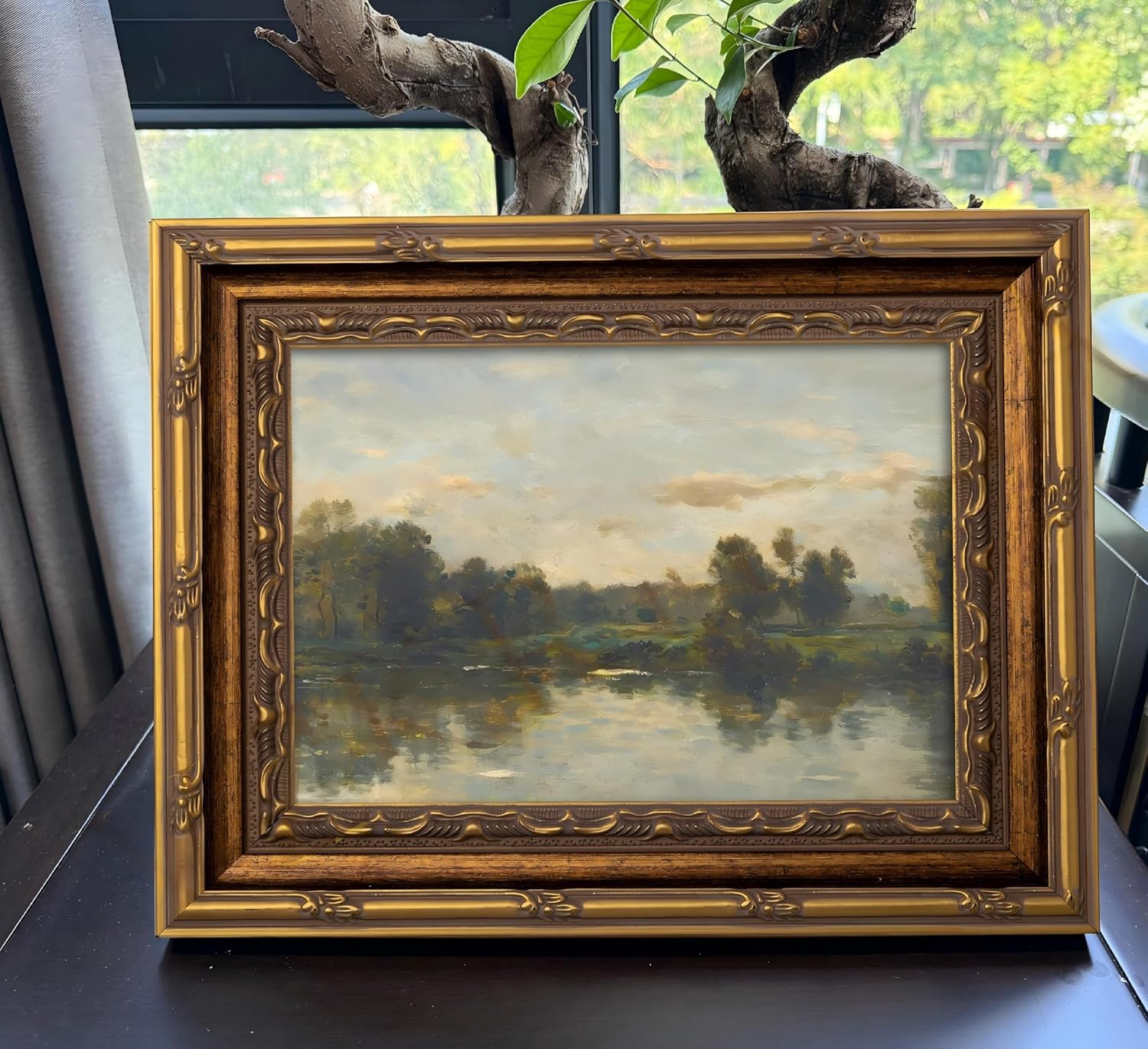 Vintage Gold Framed Landscape Wall Art Vintage River Painting Canvas Prints Landscape Wall Decor Countryside Painting Style Poster Print Artwork for Living Room Bedroom Home Decoration
