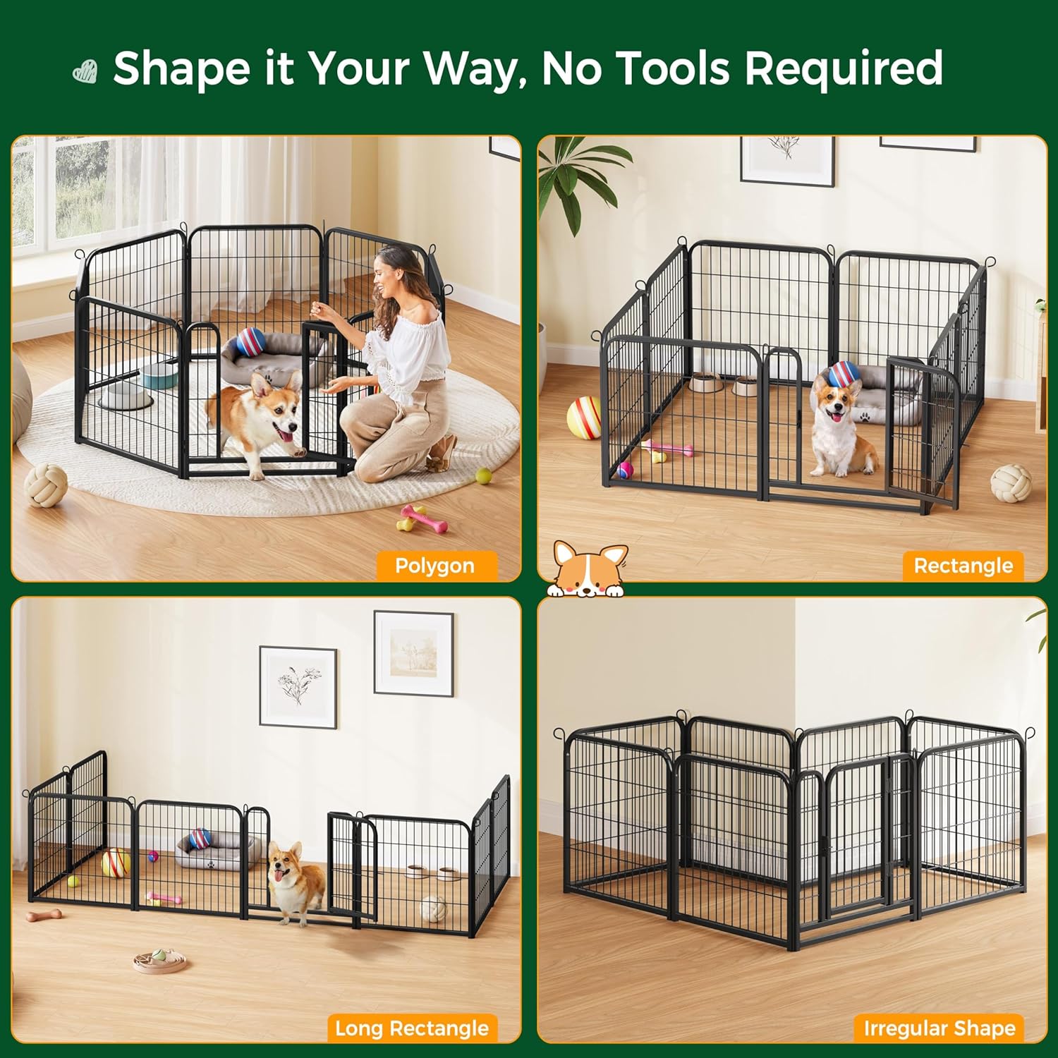 Four images showing different playpen configurations: polygon, rectangle, long rectangle, and irregular shape.