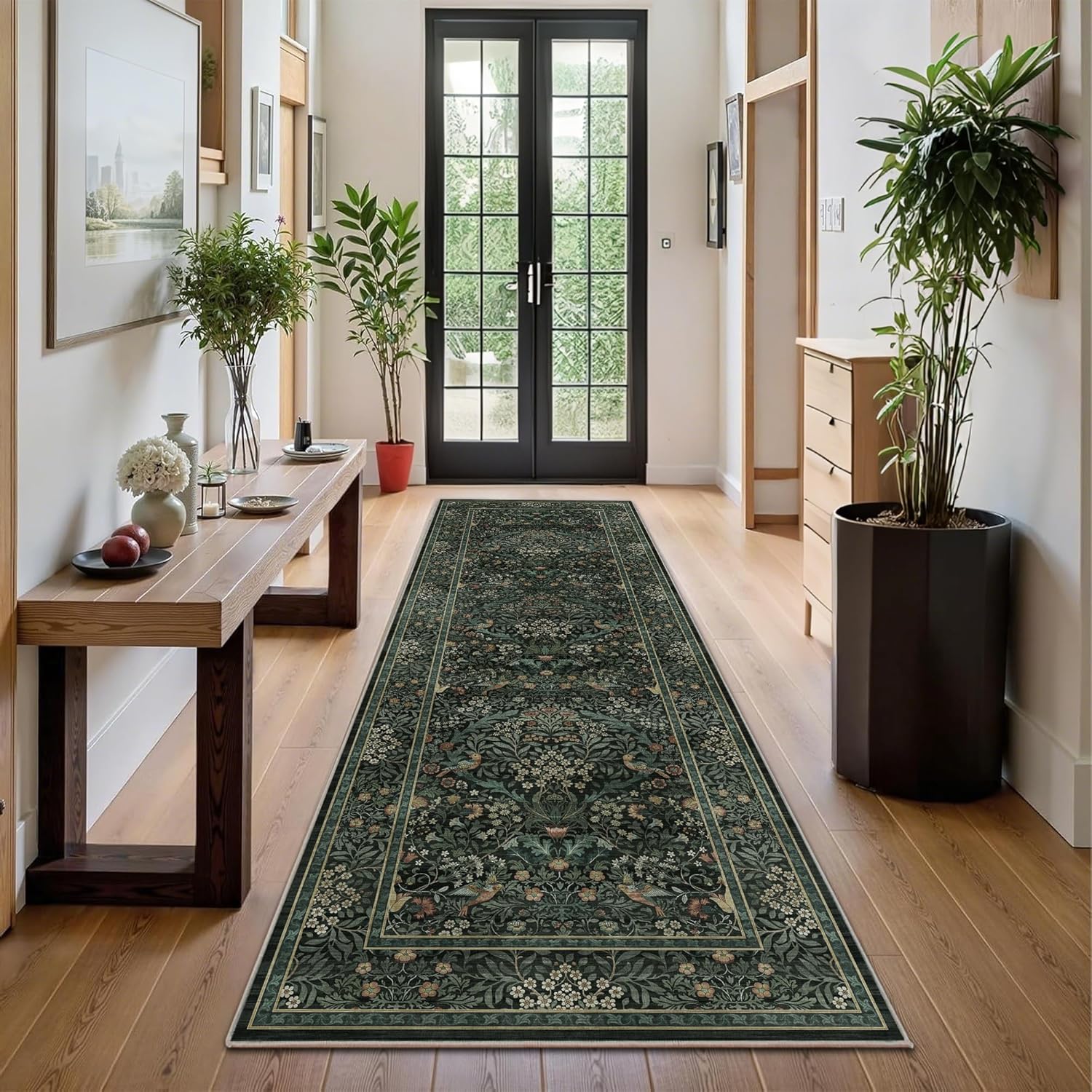 2x6 Floral Washable Area Rug Soft Runner Rugs for Living Room, Vintage Boho Hallway Rug for Bedroom Dining Room, Distressed Botanical Birds Non Slip Low Pile Animal Throw Carpet for Office, Dark Green