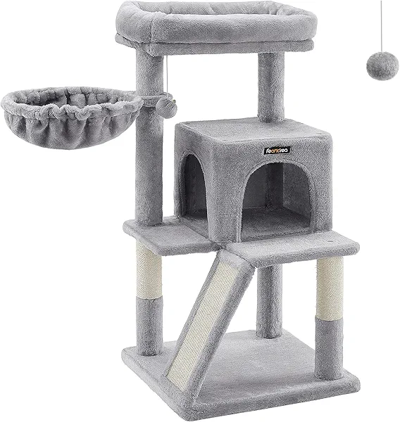 Feandrea Cat Tree, Small Cat Tower with Widened Perch for Large Cats Indoor, Kittens, 37.8-Inch Multi-Level Cat Condo, Scratching Posts and Ramp, 2-Door Cat Cave, Cat Basket, Light Gray UPCT51W