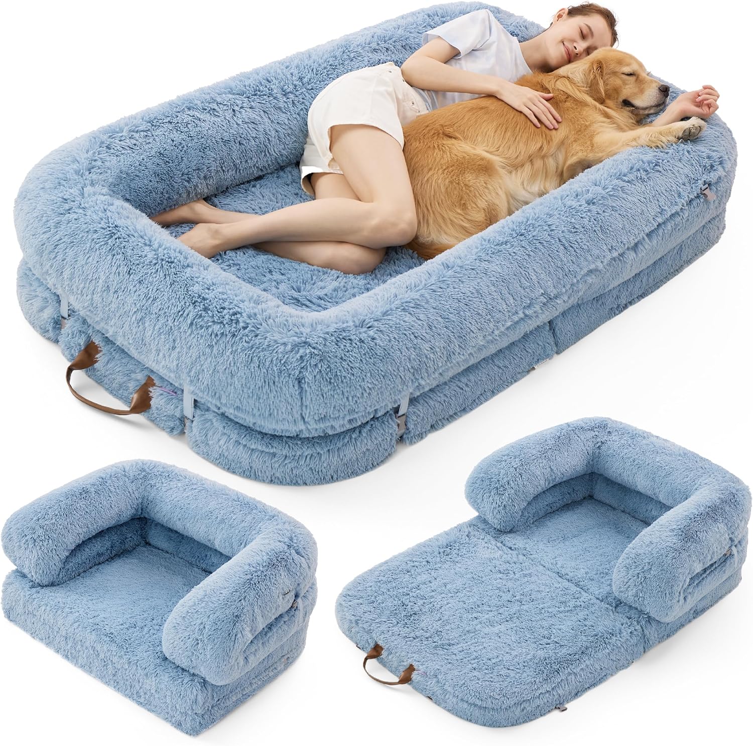 LE SURE Foldable Human Dog Bed - 3 in 1 Flexible Giant Human Dog Bed for Adult People with Supportive Bolster Egg Foam, Waterproof Liner, Calming Fluffy Faux Fur Orthopedic Big Bean Bed, Baby Blue 68.0"L x 44.0"W x 12.0"Th Baby Blue