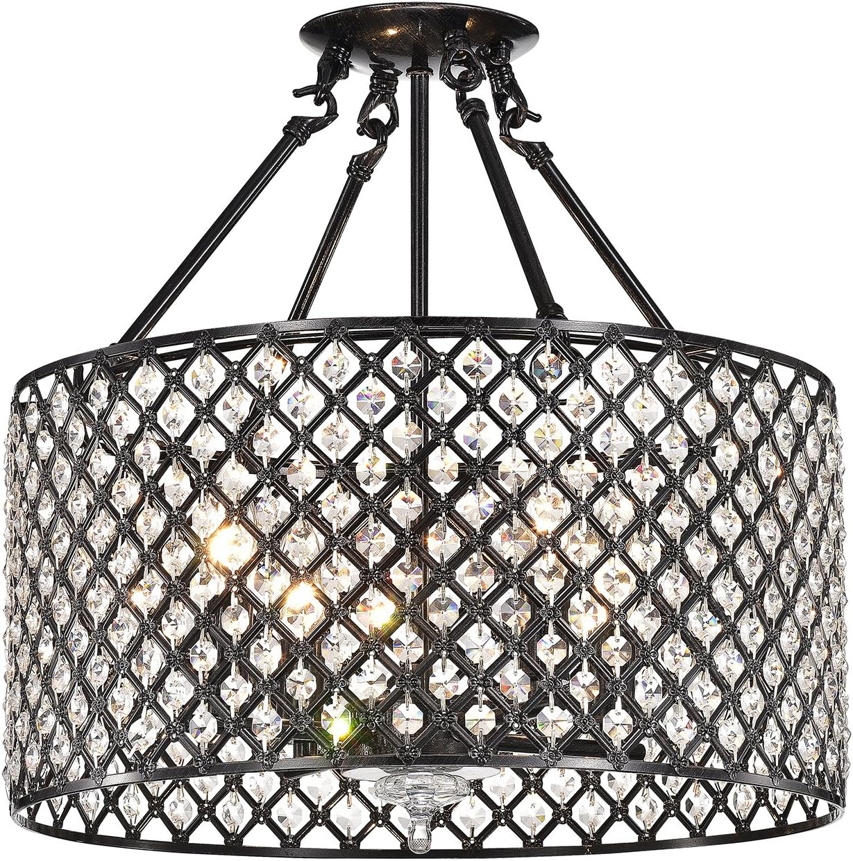 Edvivi Marya 4-Light Antique Black Round Beaded Drum Semi Flush Mount Crystal Chandelier | Glam Lighting