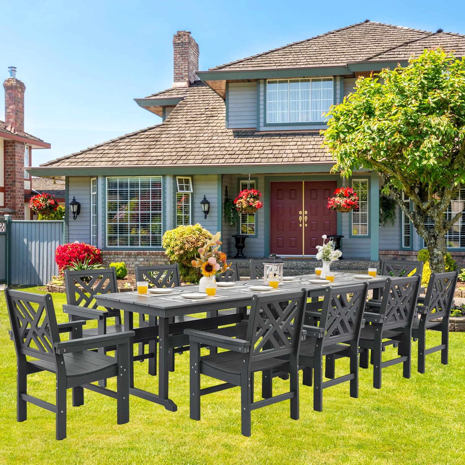 HDPE Dining Table Set for 10,12-Piece Outdoor Table and Chairs Include 10 Dining Chairs and 2 Pcs 62.5" Patio Dining Table with Umbrella Hole (Gray)